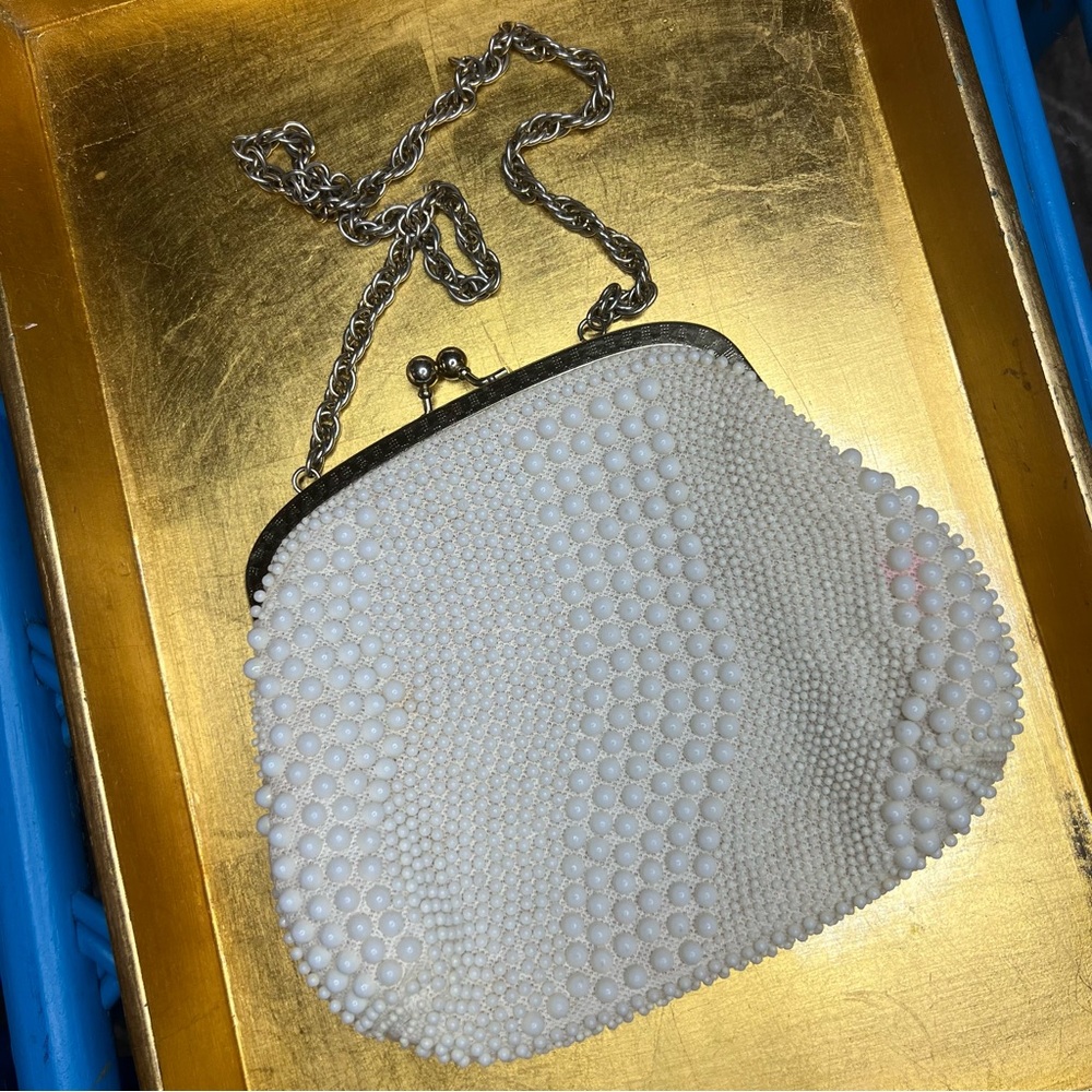 Vintage White/Cream Corde Beaded Clutch with chain